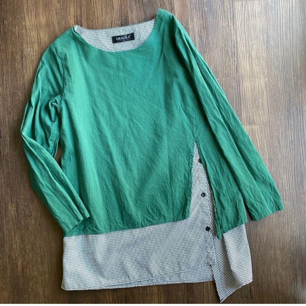 Gracila‎ Green Linen Checkered Blouse